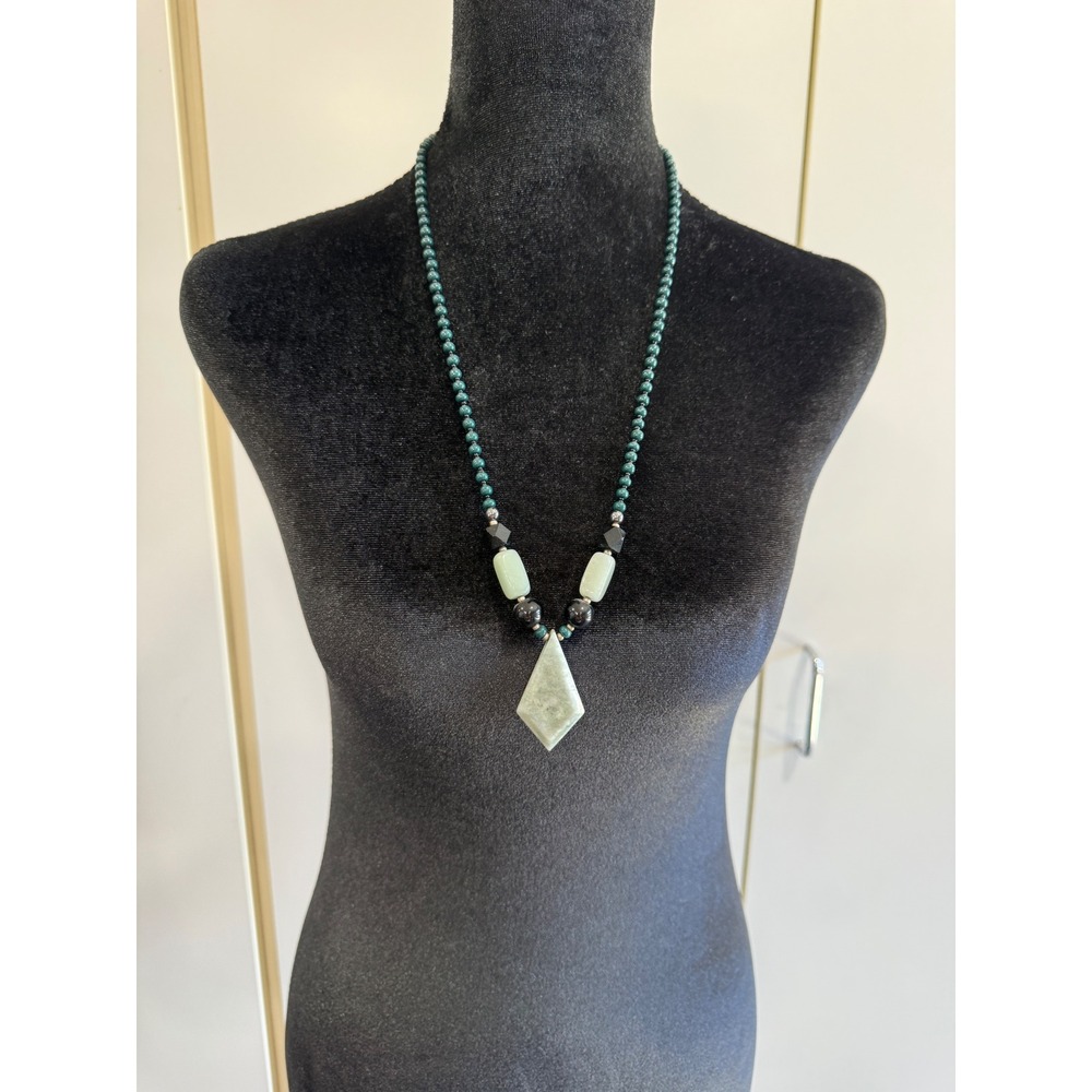 Vintage Green Jade Geometric Pendant Necklace Teal Beaded Statement Jewelry
